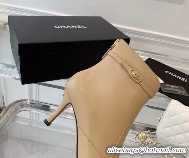 Shop Duplicate Chanel Calfskin Pointed Ankle Boots 7.5cm with Buckle Beige 213059