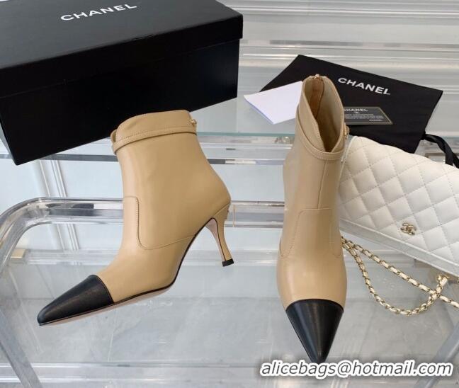 Shop Duplicate Chanel Calfskin Pointed Ankle Boots 7.5cm with Buckle Beige 213059