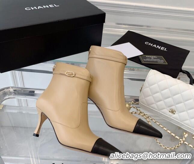 Shop Duplicate Chanel Calfskin Pointed Ankle Boots 7.5cm with Buckle Beige 213059