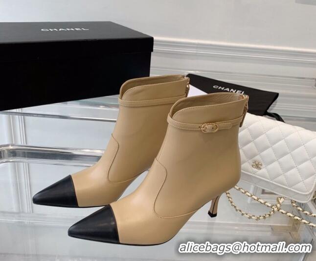 Shop Duplicate Chanel Calfskin Pointed Ankle Boots 7.5cm with Buckle Beige 213059