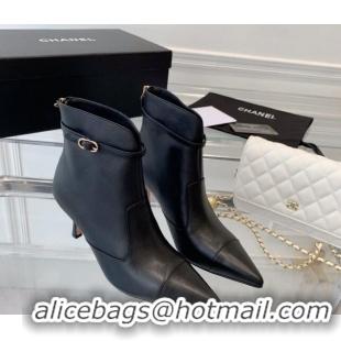 Classic Hot Chanel Calfskin Pointed Ankle Boots 7.5cm with Buckle Black 213060