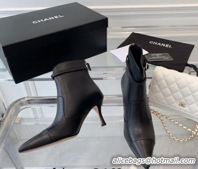 Classic Hot Chanel Calfskin Pointed Ankle Boots 7.5cm with Buckle Black 213060