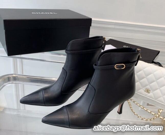 Classic Hot Chanel Calfskin Pointed Ankle Boots 7.5cm with Buckle Black 213060