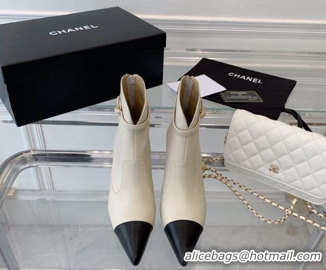 Buy Luxury Chanel Calfskin Pointed Ankle Boots 7.5cm with Buckle White 213061