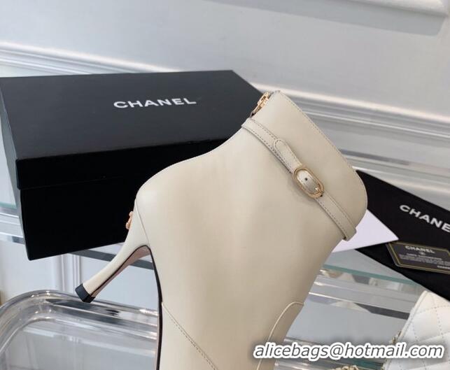 Buy Luxury Chanel Calfskin Pointed Ankle Boots 7.5cm with Buckle White 213061