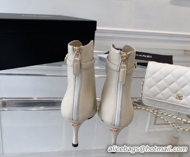 Buy Luxury Chanel Calfskin Pointed Ankle Boots 7.5cm with Buckle White 213061