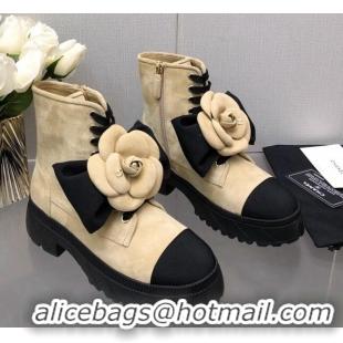 Good Quality Chanel Suede Ankle Boot with Camellia Bloom Beige 213065