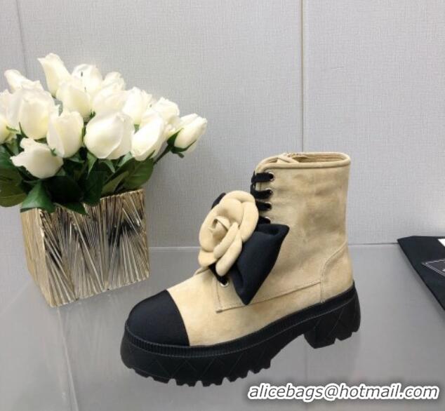 Good Quality Chanel Suede Ankle Boot with Camellia Bloom Beige 213065