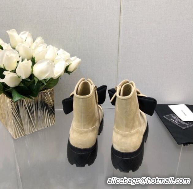 Good Quality Chanel Suede Ankle Boot with Camellia Bloom Beige 213065