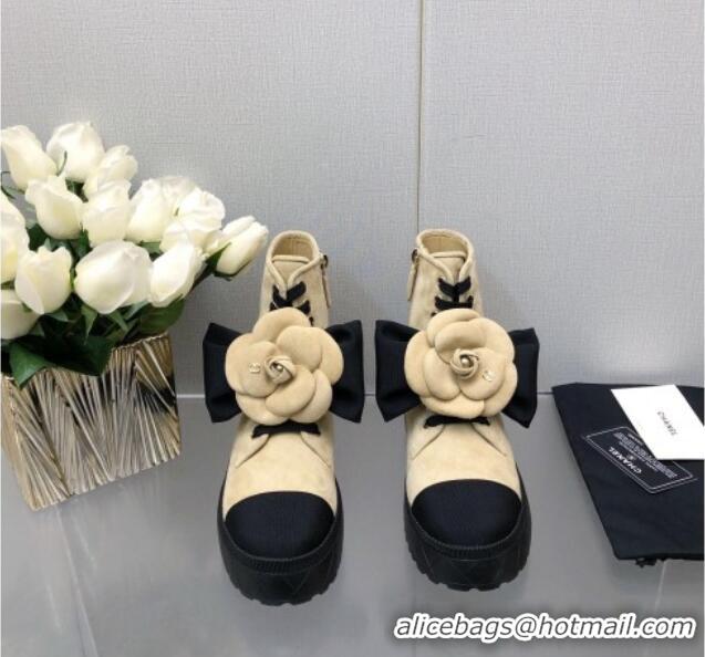 Good Quality Chanel Suede Ankle Boot with Camellia Bloom Beige 213065