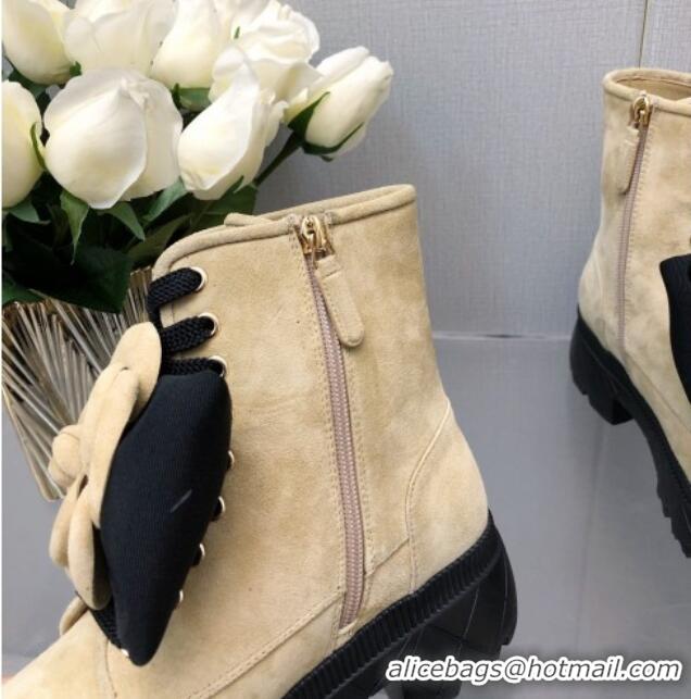 Good Quality Chanel Suede Ankle Boot with Camellia Bloom Beige 213065