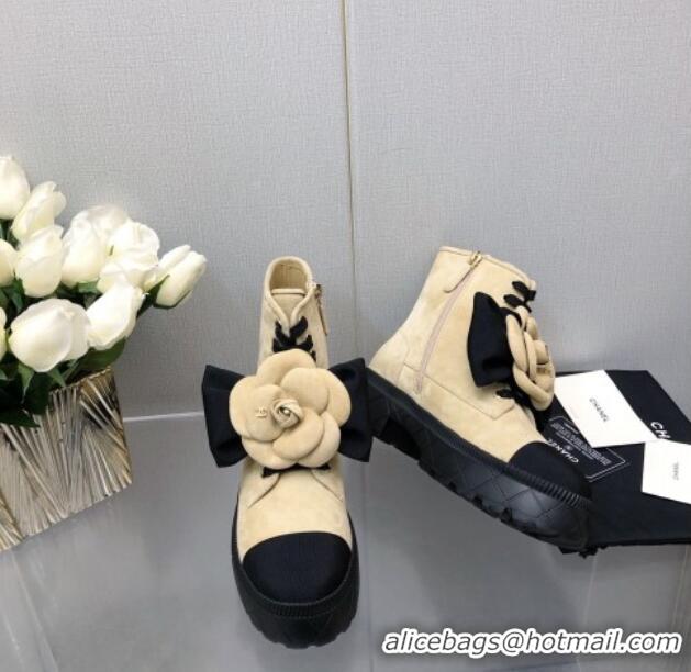 Good Quality Chanel Suede Ankle Boot with Camellia Bloom Beige 213065