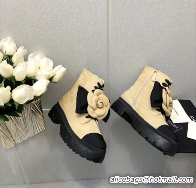 Good Quality Chanel Suede Ankle Boot with Camellia Bloom Beige 213065