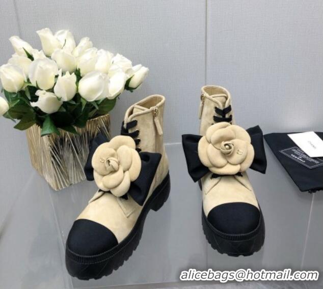 Good Quality Chanel Suede Ankle Boot with Camellia Bloom Beige 213065