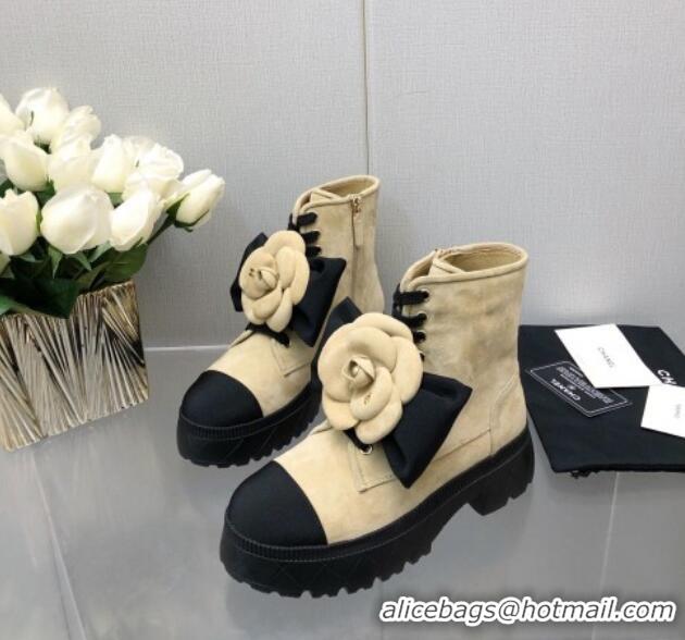 Good Quality Chanel Suede Ankle Boot with Camellia Bloom Beige 213065