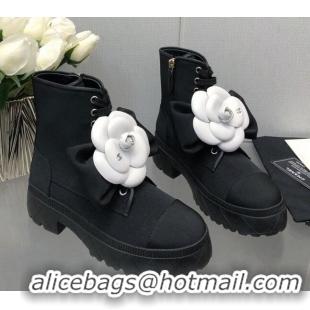 Sumptuous Chanel Fabric Ankle Boot with Camellia Bloom Black 1213066