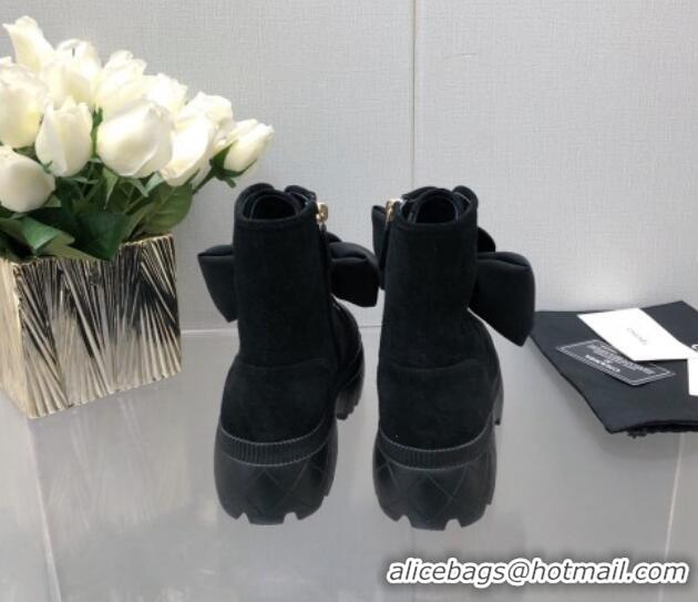 Sumptuous Chanel Fabric Ankle Boot with Camellia Bloom Black 1213066