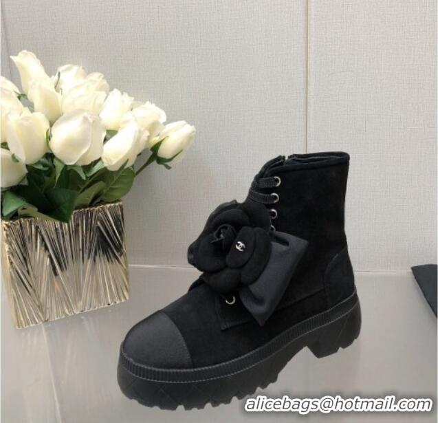 Sumptuous Chanel Fabric Ankle Boot with Camellia Bloom Black 1213066