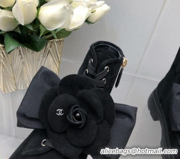 Sumptuous Chanel Fabric Ankle Boot with Camellia Bloom Black 1213066