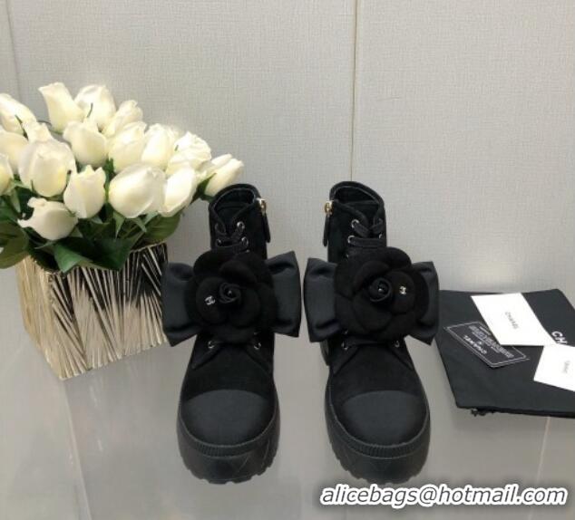 Purchase Chanel Suede Ankle Boot with Camellia Bloom Black 213067