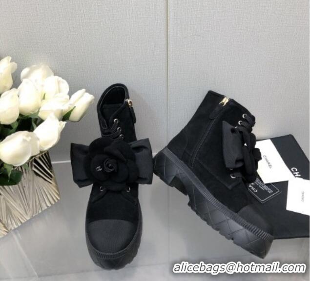 Purchase Chanel Suede Ankle Boot with Camellia Bloom Black 213067