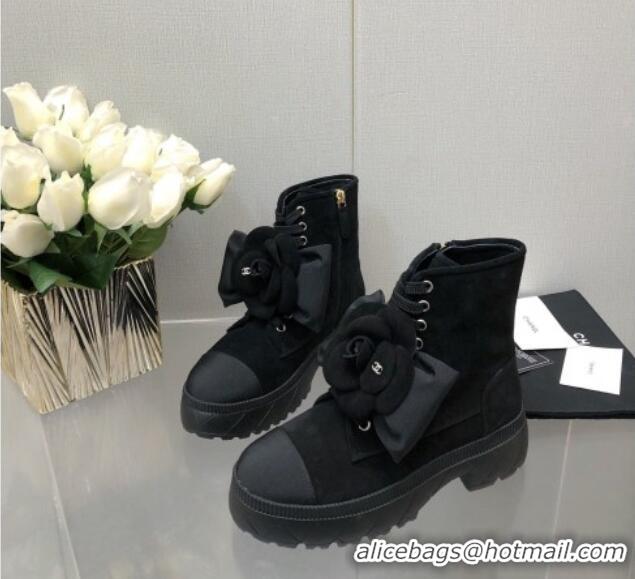 Purchase Chanel Suede Ankle Boot with Camellia Bloom Black 213067