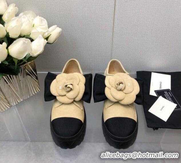 Popular Style Chanel Suede Loafers with Camellia Bloom Beige 213068