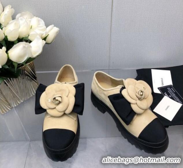 Popular Style Chanel Suede Loafers with Camellia Bloom Beige 213068