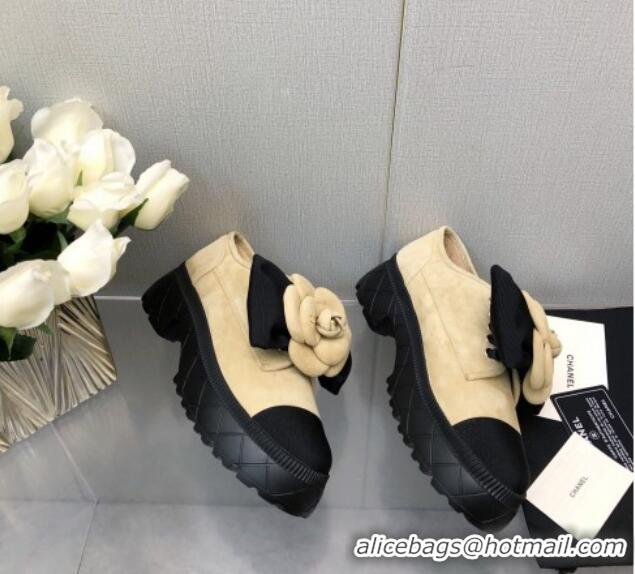 Popular Style Chanel Suede Loafers with Camellia Bloom Beige 213068