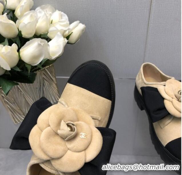 Popular Style Chanel Suede Loafers with Camellia Bloom Beige 213068