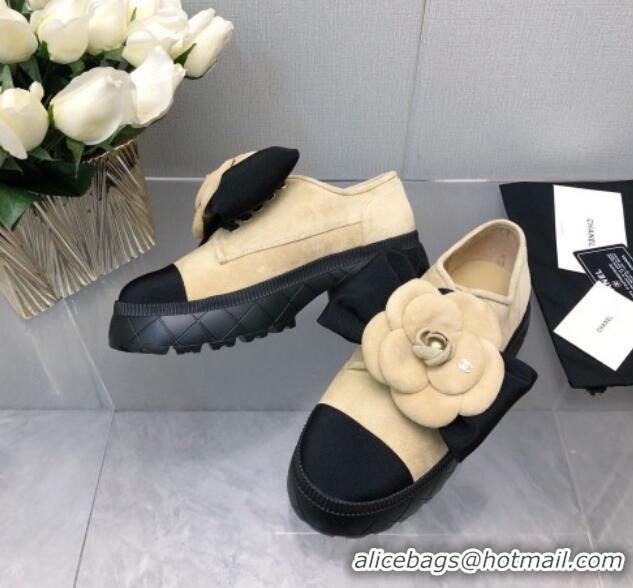 Popular Style Chanel Suede Loafers with Camellia Bloom Beige 213068