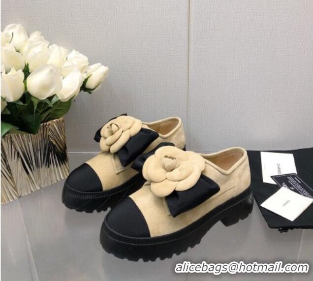 Popular Style Chanel Suede Loafers with Camellia Bloom Beige 213068