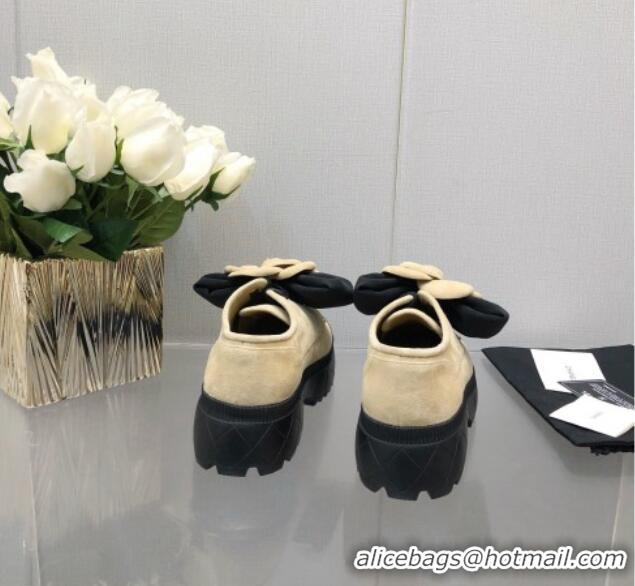 Popular Style Chanel Suede Loafers with Camellia Bloom Beige 213068