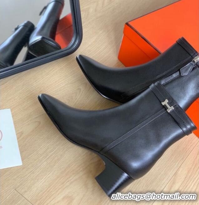 Pretty Style Hermes Hommage Heel Ankle boots 5cm in Calfskin Black 117001