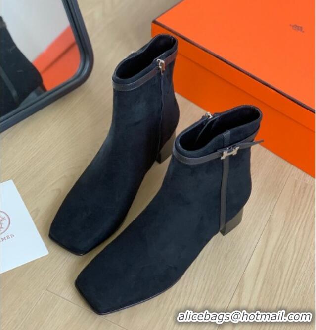 Stylish Hermes Hommage Heel Ankle boots 5cm in Suede Black 117002