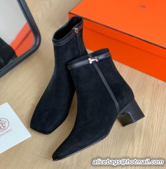 Stylish Hermes Hommage Heel Ankle boots 5cm in Suede Black 117002