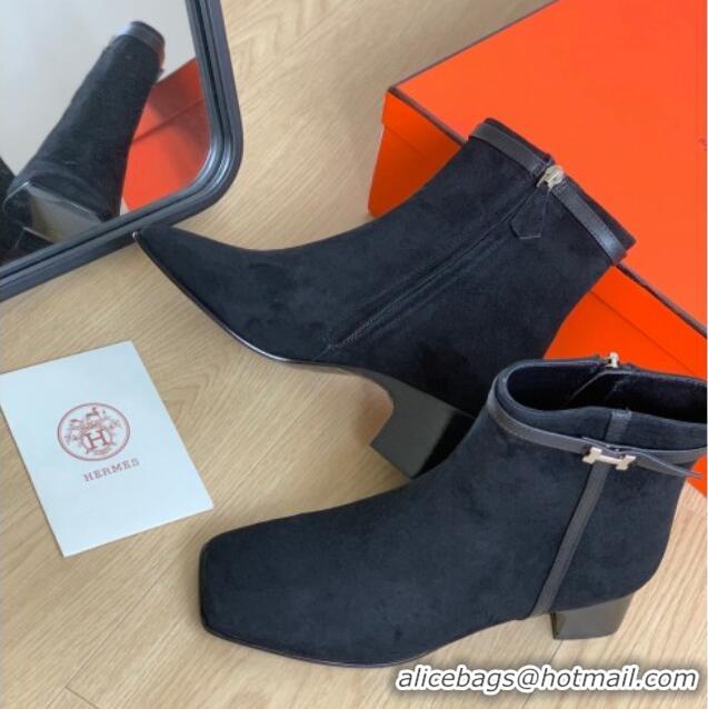 Stylish Hermes Hommage Heel Ankle boots 5cm in Suede Black 117002