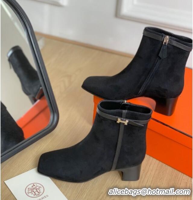 Stylish Hermes Hommage Heel Ankle boots 5cm in Suede Black 117002