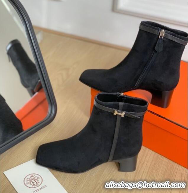 Stylish Hermes Hommage Heel Ankle boots 5cm in Suede Black 117002