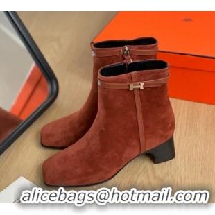 Perfect Hermes Hommage Heel Ankle boots 5cm in Suede Brown 117004