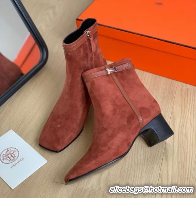 Perfect Hermes Hommage Heel Ankle boots 5cm in Suede Brown 117004