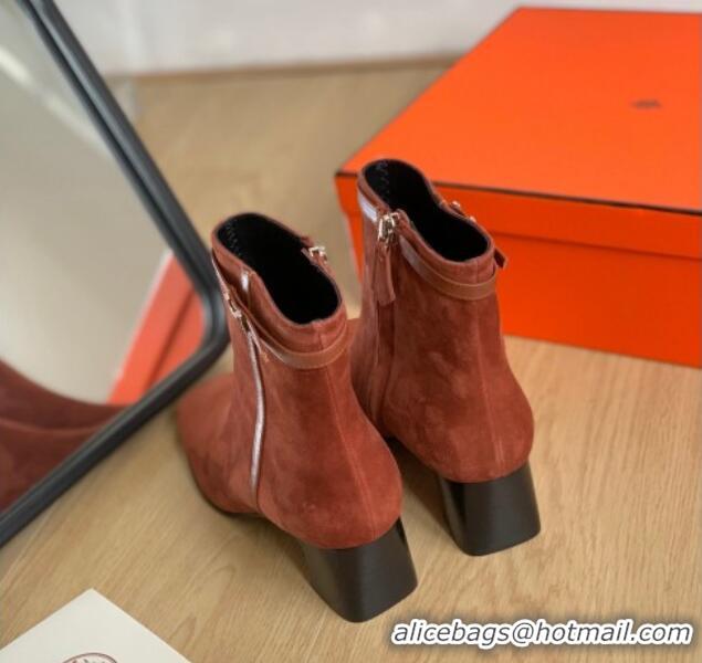 Perfect Hermes Hommage Heel Ankle boots 5cm in Suede Brown 117004