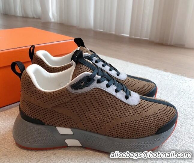 Shop Duplicate Hermes Hugo sneakers in Technical Knit Taupe Brown 117016