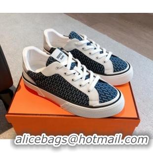 Best Price Hermes Gad Low Top Sneakers in Printed Denim and Calfskin Dark Blue 117019