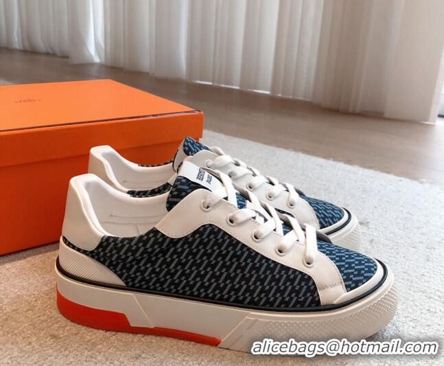 Best Price Hermes Gad Low Top Sneakers in Printed Denim and Calfskin Dark Blue 117019