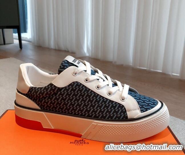 Best Price Hermes Gad Low Top Sneakers in Printed Denim and Calfskin Dark Blue 117019