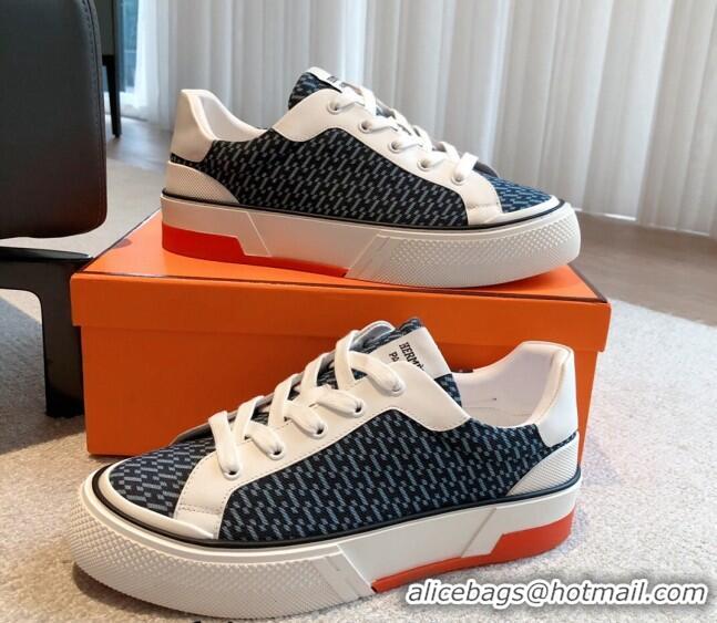 Best Price Hermes Gad Low Top Sneakers in Printed Denim and Calfskin Dark Blue 117019