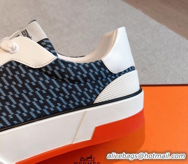 Best Price Hermes Gad Low Top Sneakers in Printed Denim and Calfskin Dark Blue 117019