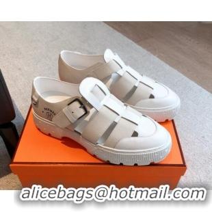 Low Cost Hermes Strap Sandals in Canvas and Calfskin White 117021