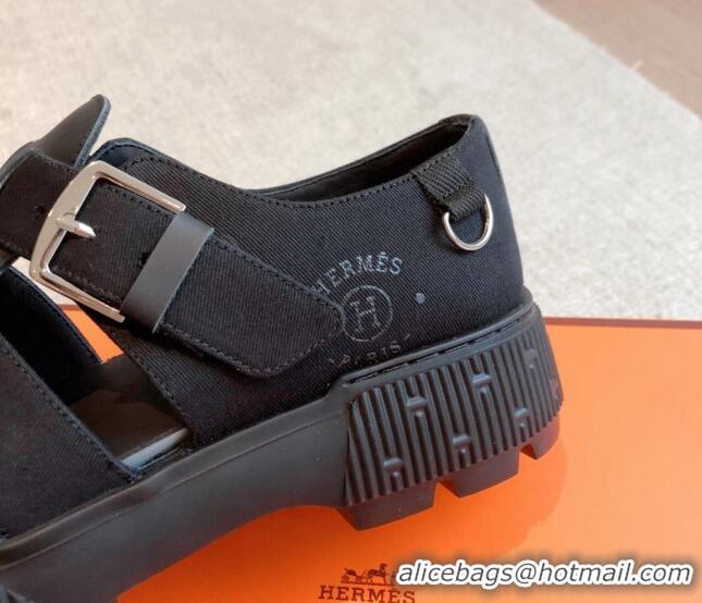 Luxurious Hermes Strap Sandals in Canvas and Calfskin Black 117023